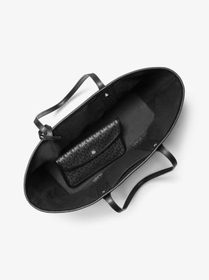 Eva Large Metallic Logo Stripe Tote Bag in BLACK/SILVER | Michael Kors