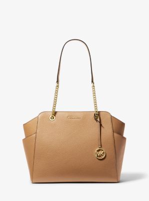 MICHAEL KORS BEDFORD MEDIUM LOGO TOTE BAG Pocket Camel Pebbled Leather  purse NEW