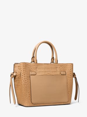 Michael Kors Hamilton Legacy Crocodile Embossed Leather Belted Satchel Bag - Camel