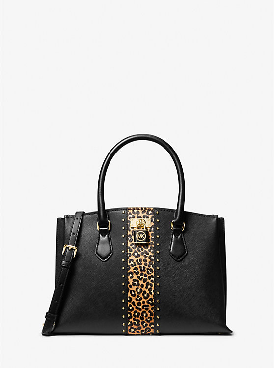 Ruby Medium Studded Leather and Leopard Print Calf Hair Satchel image number 0
