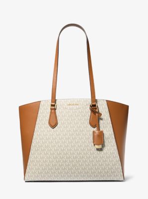 Michael Kors Taryn Large Signature Logo And Leather Tote Bag In Natural