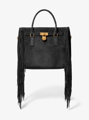 Michael Kors Hamilton Moderne Large Fringed Suede Satchel In Black