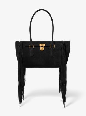 Michael Kors Hamilton Moderne Small Fringed Suede Satchel In Black