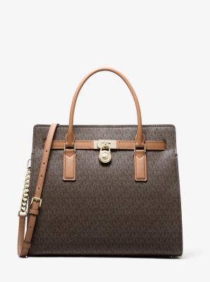 Michael Kors Hamilton Moderne Large Signature Logo Satchel In Brown