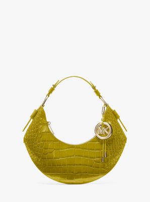 Schultertasche Koa Medium aus Leder mit Krokodilprägung