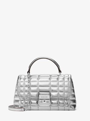 Michael Kors Tribeca Medium Quilted Metallic Leather Satchel In Silver