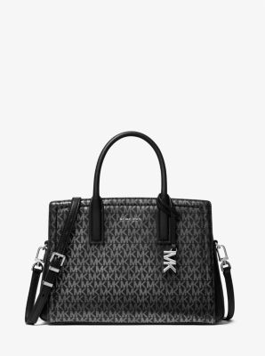 Michael Kors Laila Medium Metallic Signature Logo Satchel In Black