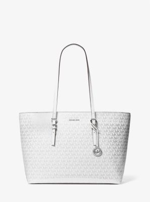 MK Shopper Quinn Large Mit Signature-Logomuster In Metallic-Optik - Weiss