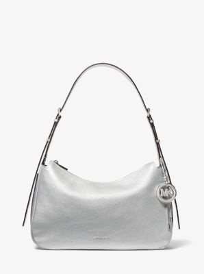 MK Wandelbare Schultertasche Nolita Medium Aus Gekrispeltem Leder In Metallic-Optik - Silberton