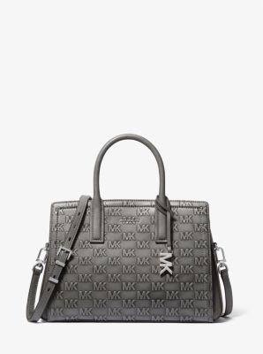 Michael Kors Laila Medium Logo Embossed Burnished Leather Satchel In Gray