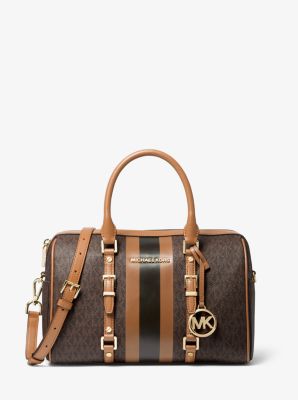 Michael Kors Large Bedford Travel Brown & Bright Red Logo Stripe