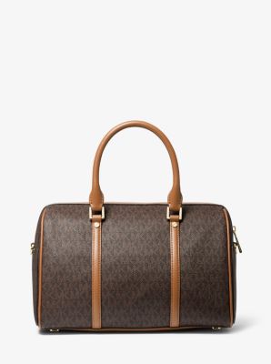 Michael Kors Large Bedford Travel Brown & Bright Red Logo Stripe