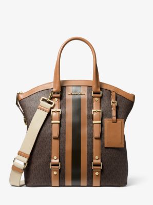 Michael Kors Large Bedford Travel Brown & Bright Red Logo Stripe