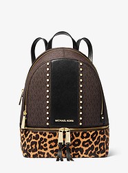 Rhea Medium Studded Logo and Leopard Calf Hair Backpack - BROWN MULTI - 30F9GEZB6B