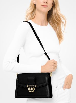 MICHAEL KORS Daniela Large Saffiano Leather Flap Over MK Crossbody Bag  Slingbag For Women (Black)