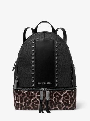 Rhea Medium Studded Logo and Leopard Calf Hair Backpack Michael Kors