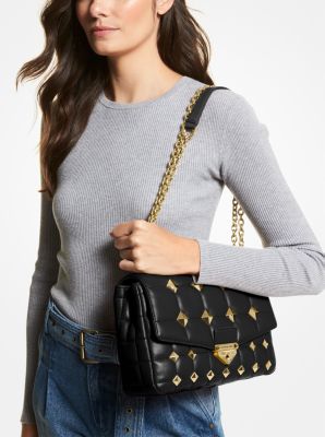 Michael Kors Ava Studded Saffiano Leather Medium Top Handle Black Gold Stud