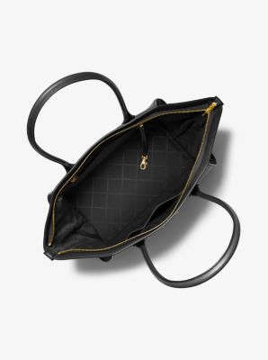 Michael Kors Marilyn Medium Saffiano Leather Top Zip Logo Charm Tote Bag - Light Cream
