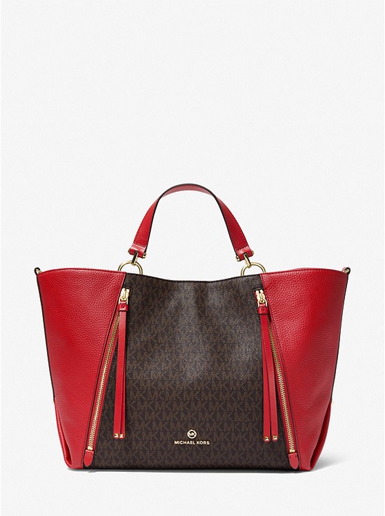 Brooklyn Large Logo and Pebbled Leather Tote Bag Crimson