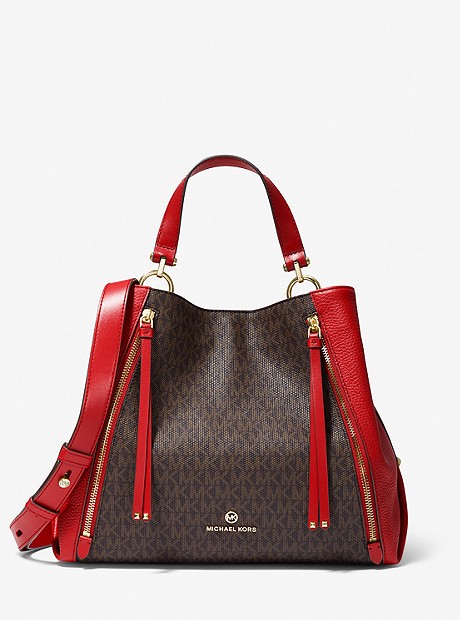 Brooklyn Large Logo and Pebbled Leather Tote Bag - CRIMSON - 30H1GBNT3B
