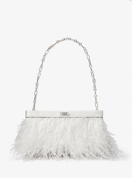 Michaelkors Tabitha Large Feather Embellished Leather Clutch,OPTIC WHITE