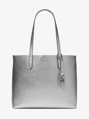 MK Eliza Extra-Large Metallic Pebbled Leather Reversible Tote Bag - Silver - Michael Kors