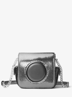 Quince Metallic Snake-Embossed Leather Camera Bag in LT PEWTER | Michael Kors