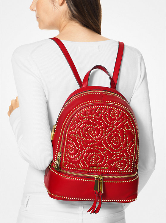 Michael Kors Red Leather Medium Studded Rhea Backpack Michael Kors