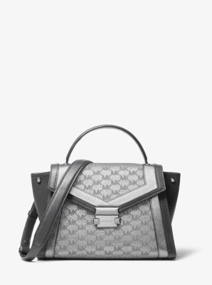 whitney medium metallic logo jacquard satchel