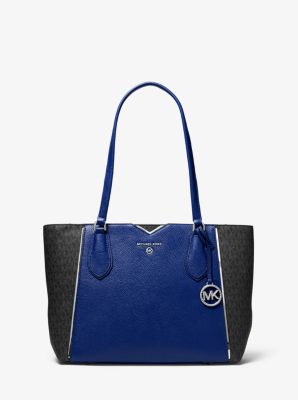 MICHAEL KORS KEMPNER HANDBAG LARGE LOGO JACQUARD TOTE BAG BLEU+