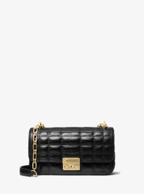 Michael Kors Tribeca Small Quilted Lizard Embossed Leather Shoulder Bag In Black