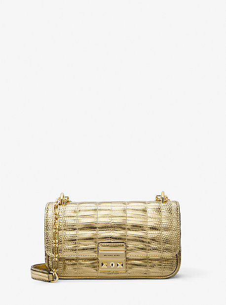 Michael Kors Tribeca Small Quilted Metallic Lizard Embossed Leather Shoulder Bag In Gold