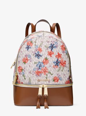 Rhea Medium Floral-Printed Logo and Leather Backpack | Michael Kors