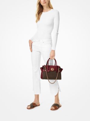 Carmen Small Logo and Leather Belted Satchel in DK BERRY | Michael Kors