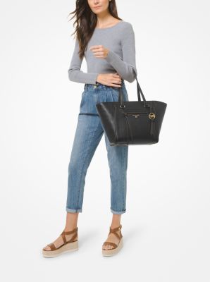 Michael Kors Carine Medium Pebbled Leather Satchel Bag in Navy