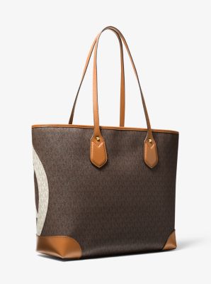 Michael Kors Eva Luggage Brown Large Two-Tone Graphic Logo Tote Bag