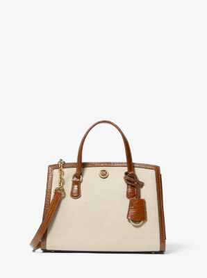 Chantal Small Canvas and Crocodile Embossed Leather Messenger Bag
