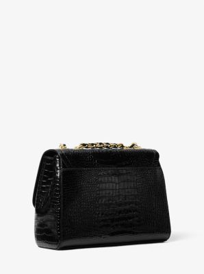 Crocodile Embossed Envelope Bag Twist Lock Black