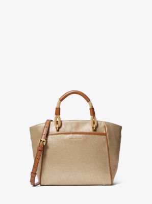 Small leather-trimmed checked cotton-canvas tote