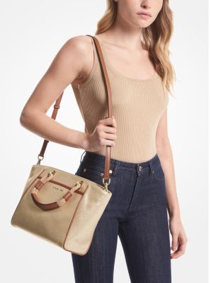 Small leather-trimmed checked cotton-canvas tote