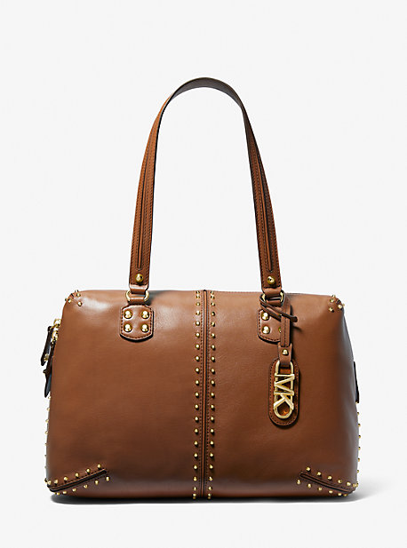 MK Astor Large Studded Leather Tote Bag - Luggage Brown - Michael Kors