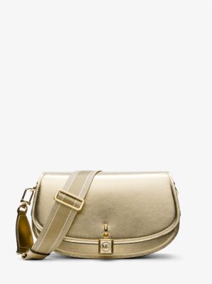 Michaelkors Mila Medium Metallic Leather Messenger Bag,PALE GOLD