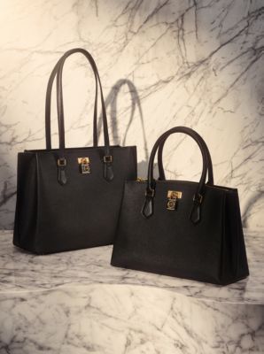 Michael Kors Marilyn Medium Saffiano Leather Top Zip Logo Charm Tote Bag