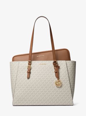 Michael Kors Edith Signature Logo Large Open Tote Bag - Vanilla/Acorn