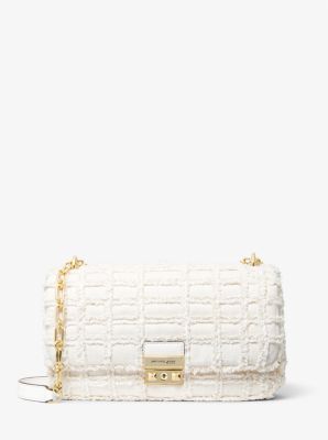 Michaelkors Tribeca Large Frayed Denim Shoulder Bag,OPTIC WHITE