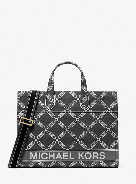 Shop Michael Kors Gigi Large Empire Logo Jacquard Tote Bag In Black