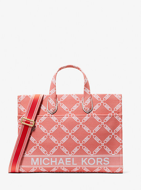 Shop Michael Kors Gigi Large Empire Logo Jacquard Tote Bag In Pink