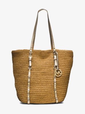 Large Studded Straw Shopper Tote Bag