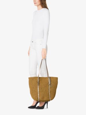 Large Studded Straw Shopper Tote Bag