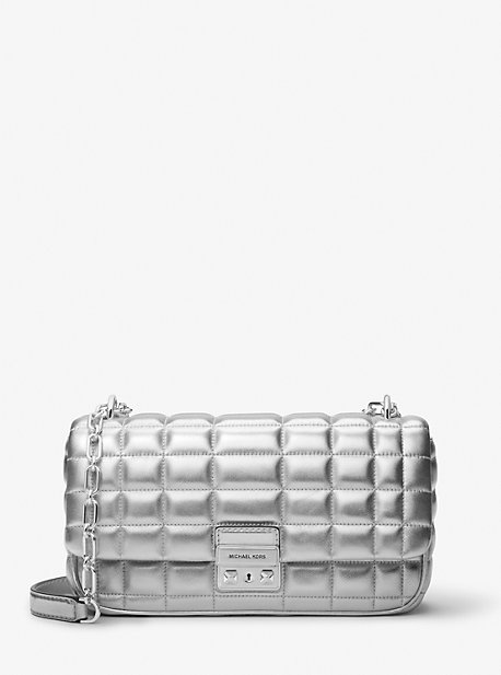 Shop Michael Kors Tribeca Large Metallic Quilted Leather Shoulder Bag In Silver